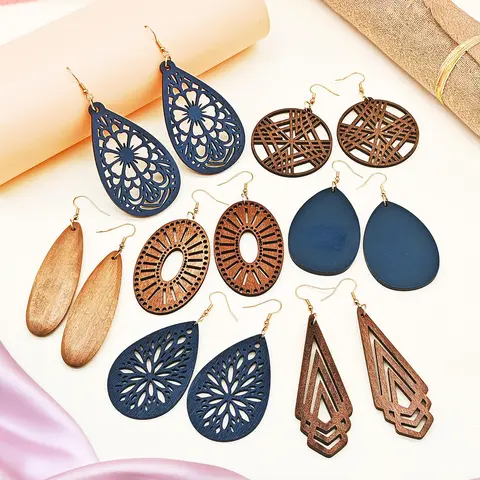 Wooden Earrings, Hollow Out Design Dangle Earrings, Dangly Earrings, Dangling Earrings, Fashion Jewelry, Casual Trendy Jewelry, Boho Style Jewelry for Party, Daily Clothing Decor, Trendy All-match & Exquisite Jewelry for Birthday Gift