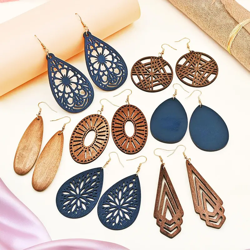 Wooden Earrings, Hollow Out Design Dangle Earrings, Dangly Earrings, Dangling Earrings, Fashion Jewelry, Casual Trendy Jewelry, Boho Style Jewelry for Party, Daily Clothing Decor, Trendy All-match & Exquisite Jewelry for Birthday Gift