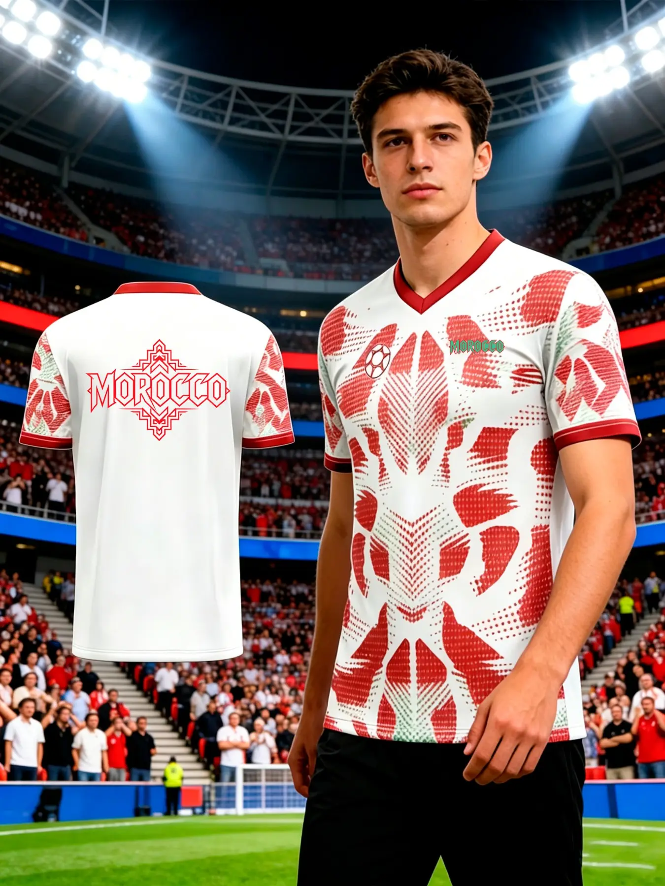 Morocco 2026 New Soccer Jersey, Soccer Shirts, Sporty Jersey, Men's V-Neck Sport T-Shirt, Football Viewing Tee, Casual Slim-Fit Short Sleeve All over Print, Sportswear Top, Athletic Top, Sports Clothing