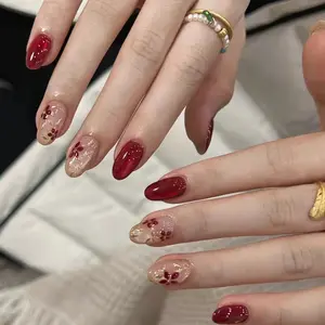 Short Oval Almond Nail Shape, Cherry Wine, Medium Length, Reusable Handmade Design, Handmade Press On, Perfect for New Year & Parties