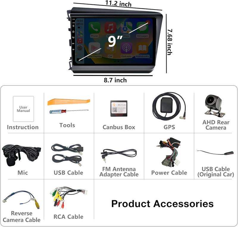 BINIZE Android 13 Car Stereo Compatible with Honda Civic 2012 2013 2014 2015, 9 Inch Head Unit, Touch Screen, Wireless CarPlay& Android Auto, GPS, WiFi, Backup Camera