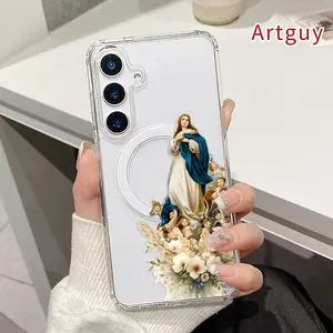 Magnetic Soft Case for  Samsung Galaxy S26 S23 Ultra S24 Plus FE S25 S22+ Cloudy Floral Blessing Pattern Anti-Yellowing Shockproof ultra-thin Silicone Crystal Transparent Acrylic Large Hole Cover Supports Wireless Charging