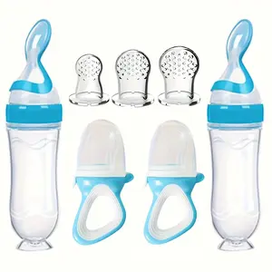 Baby Feeding Set, 7 Counts/set Including 2 Counts Silicone Food Storage Bottle & 2 Counts Fruit Feeder & 3 Counts Silicone Mesh Bag, Baby Utensils