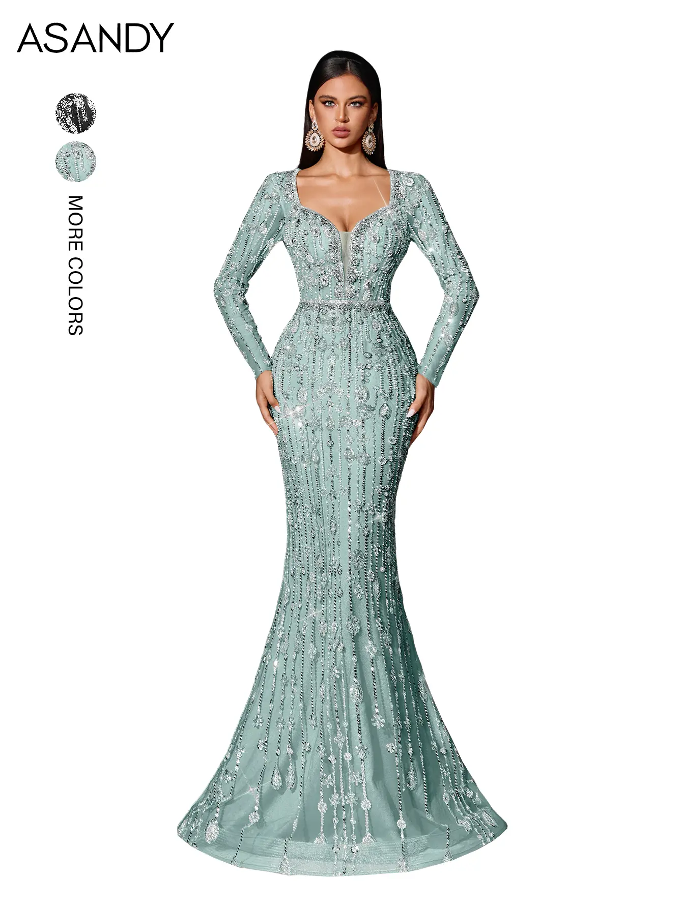 ASANDY Women's Elegant Mint Green Beaded Mermaid Maxi Dress - Long Sleeves, Square Neck, Deep V Embellished Glamorous Formal Wear for Wedding Guest, Party Dress for Women - TikTok Shop ASANDY Women's Elegant Mint Green Beaded Mermaid Maxi Dress - Long Sleeves, Square Neck, Deep V Embellished Glamorous Formal Wear for Wedding Guest, Party Dress for Women - TikTok Shop