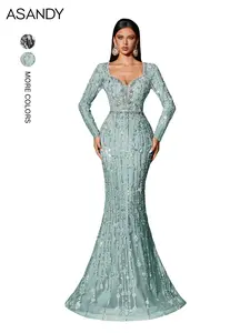 ASANDY Mint Green Beaded Mermaid Gown Long Sleeve Square Neck Deep V Embellished Evening Dress for Wedding Guest Gala Formal Event