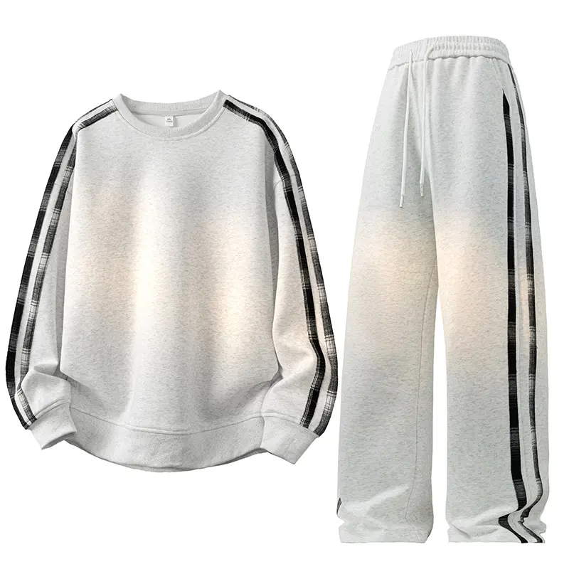 Men’s 2‑Piece Tracksuit Set, Gradient Washed Faded Crewneck Sweatshirt With Side Plaid Strip Tape, Curved Hem Loose Drop‑Shoulder Top + Elastic Drawstring Wide‑Leg Floor Sweatpants, Vintage Cleanfit Couple Outfit for Spring Fall Street Commute