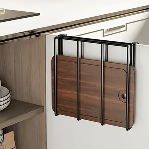 Stainless Steel Space-Saving Kitchen Hook Rack - Easy Install Cabinet Door Organizer for Kitchen Tools & Bathroom Essentials - Includes Cutting Board & Lid Holder Black Standard