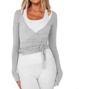 Women Wrap Tie Top Y2k Long SLeeve Ballet Workout Yoga Shirt Coquette Blouses