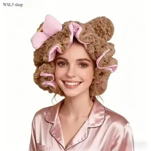 Leopard Print Teddy Bear Sleep Cap for Women, Satin-Lined Adjustable Night Hair Bonnet with 3D Teddy Bear Shape & Pink Bow, Soft, Cozy & Gentle Hair Protection, Prevents Frizz & Breakage, Bedtime Hair Care