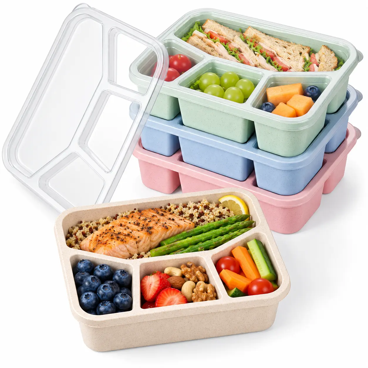 4 Pack Bento Lunch Boxes, 4 Compartment Wheat Straw Meal Prep Containers with Lids, BPA-Free Reusable Food Storage Snack Boxes for Kids & Adults, School, Work, Travel & Picnics