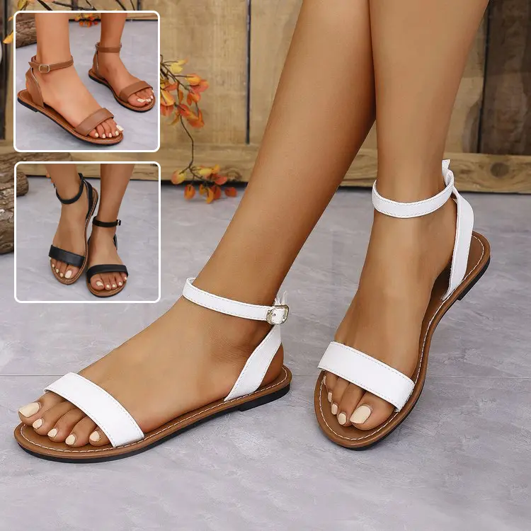 One-straped Flat Sandals Summer Buckle Roman Shoes Fashion Simple Sandal for Women in White Black Dark Brown Patent Leather Quick Drying Breathable Adult Footwear
