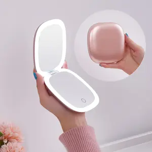 Compact LED Magnifying Travel Makeup-Mirror - 4 inches 1X/10X Magnification Small Hand Pocket Dimmable Double Sided USB Rechargeable  Screen, Portable Tabletop Cosmetic (Rose Gold)