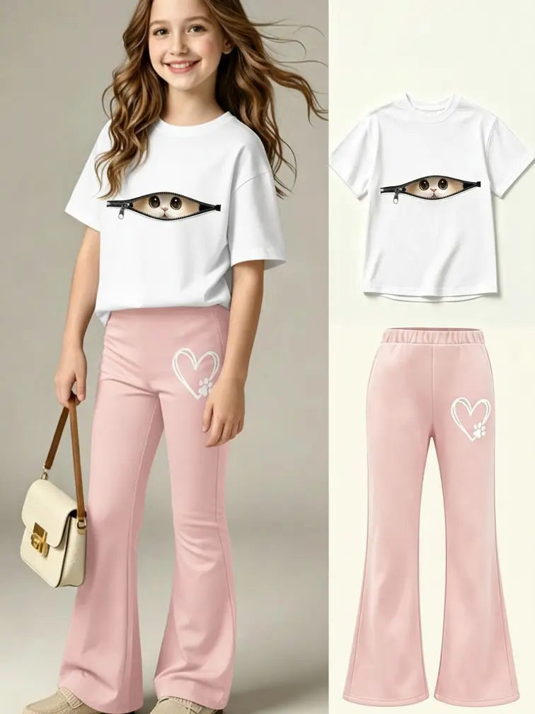 Girls 2 Piece Back to School Outfit Set, Cute Cat Graphic T Shirt & Black Flare Pants Matching Set, Trendy Y2K Casual Clothes for Tween Girls Ages 4-16