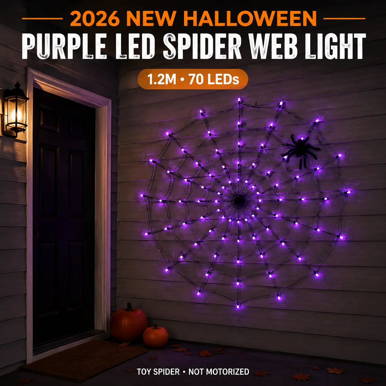 2026 New Halloween Purple LED Spider Web Lights, 1.2M 70 LED Hanging Web with 30CM Plush Spider, Remote Control, 8 Lighting Modes, Battery Powered Porch Party Decor