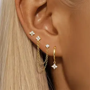 Stainless Steel Marquise Petal Tassel DDES0337 Diamond-Studded Ear Thread Earrings Set for Women 14K Gold-Plated