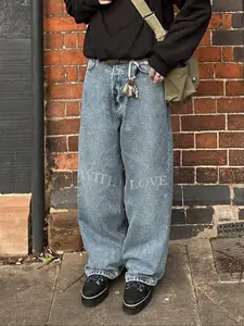 Men's New Fashion Letter Printed Denim Jeans, Casual Loose Fit, Versatile All Seasons Simple Jeans, Stylish and Comfortable