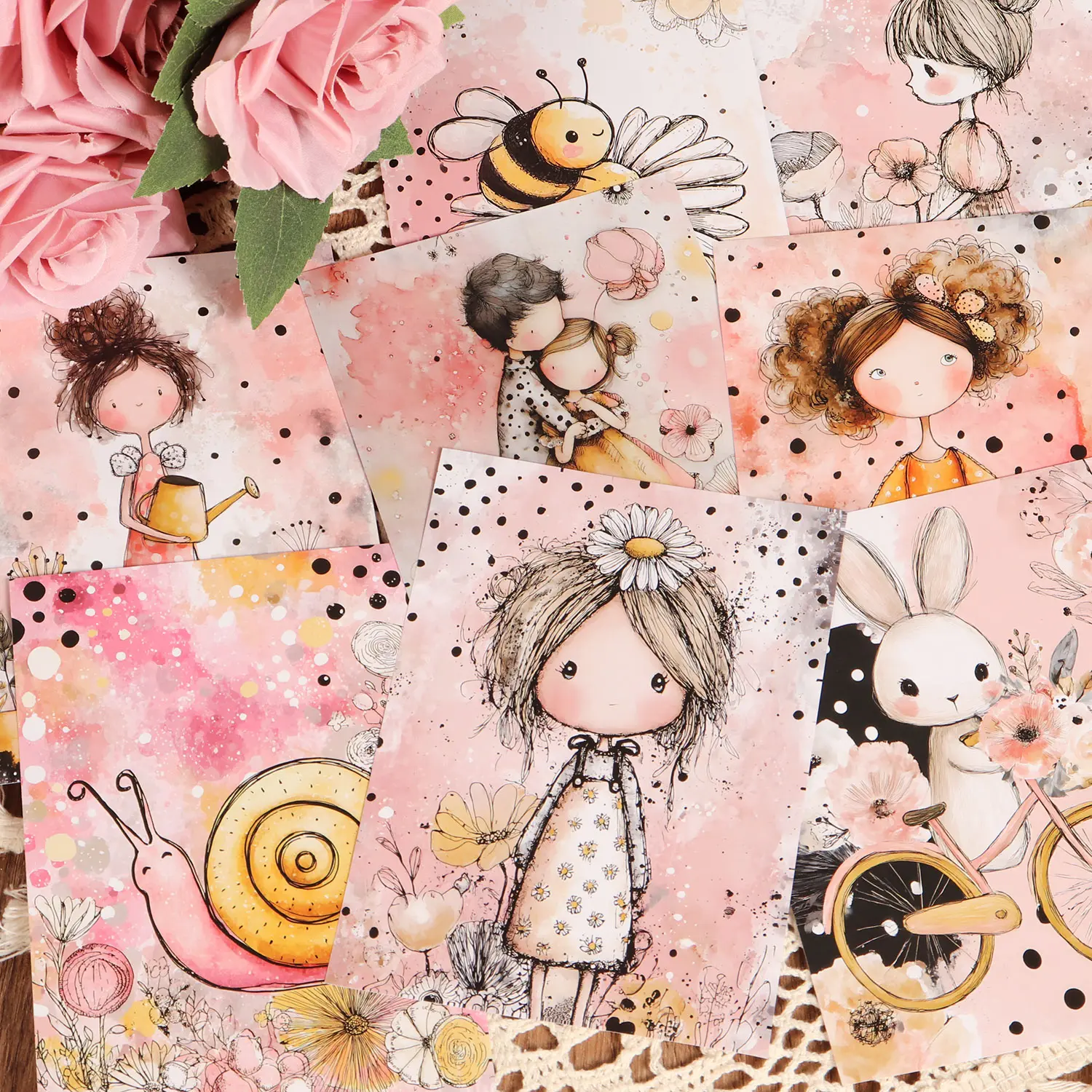 JAIIMAN 32pieces Bee and Girls in Garden Ephemera Junk Journal Paper, Craft Kit, Diy Craft Kit, Creative Paper Kit, for Arts Crafts, Scrapbooking Supplies, Picture Frame Decoration, Journaling Supplies, Notebook Covers, Card Making, Scrapbook Accessories