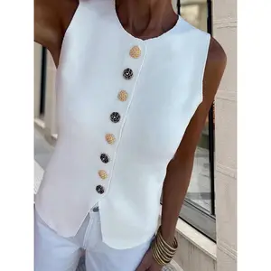 Women's plain button up sweatshirt vest, summer casual sleeveless round neck knitted top, fashionable women's knitted sweater for daily wear, casual comfortable vestRAIMENTRY