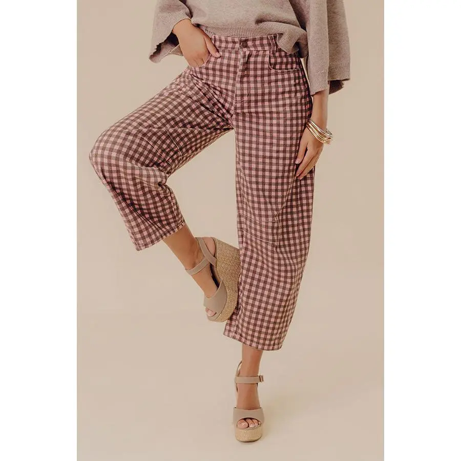 Picnic Date Midrise Gingham Barrel Jeans in Brown/Pink