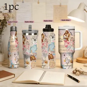 1pc 17.5/30/33/40oz Jesus Collage Floral Christian Believer Large Capacity Vacuum Cup,Stainless steel portable car cup,Various Sizes Available,Serve hot and cold beverages,Double-Perfect for Outdoor ,Activities,Camping,Christmas