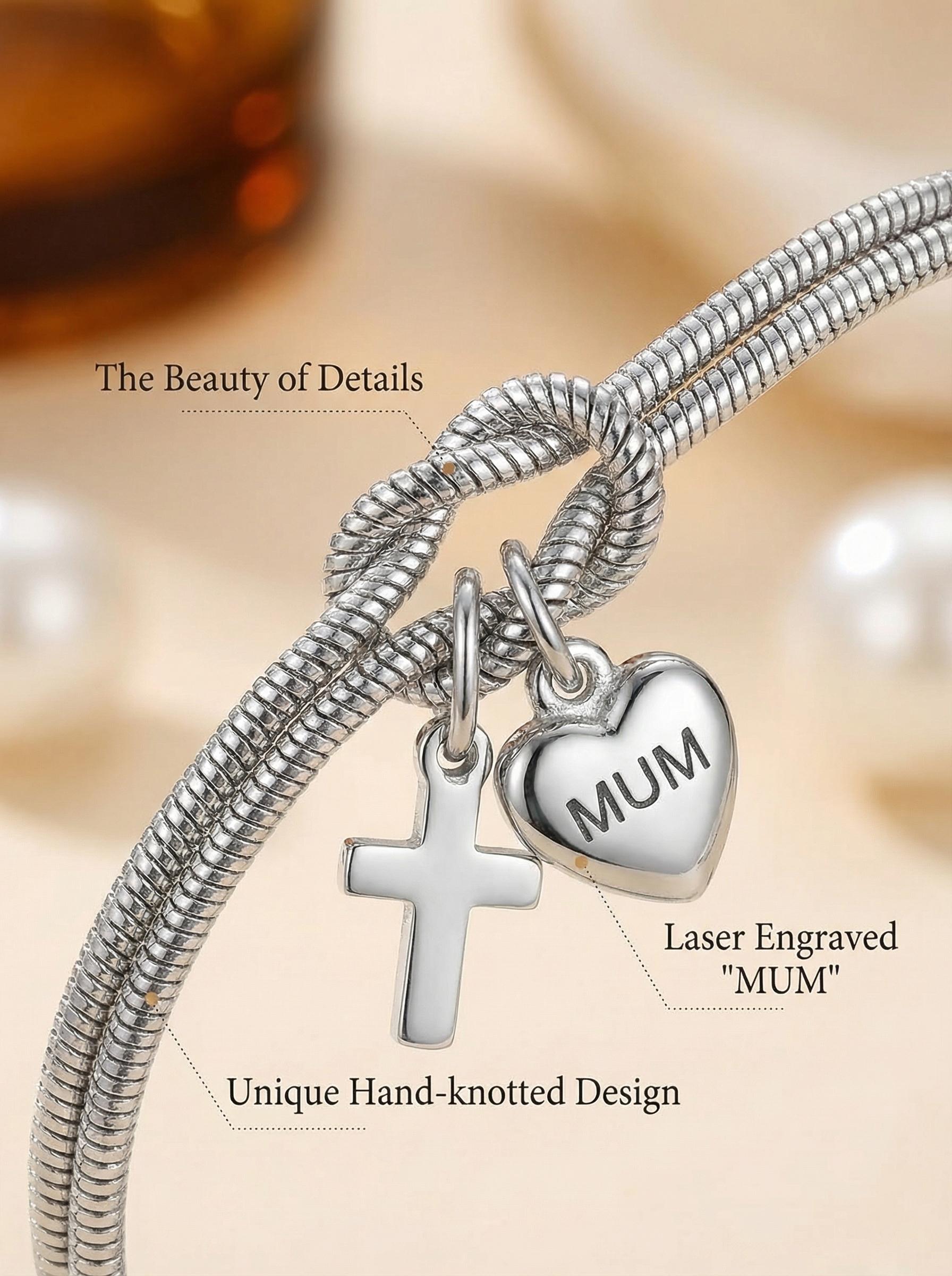 Mother's Day Gift - "MUM" Heart & Cross Snake Chain Bracelet for Women, 18K Gold/Silver Plated Stainless Steel Jewelry, Elegant Faith & Love Charm Bracelet for Mom, Grandma, Wife, Anniversary Gift with Gift Box