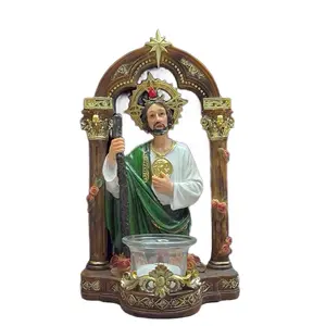 Devotional St Jude Tadeo Figure with Arch & Candle Decorative Religious Statue with Green Robe and Gold Accents. 8” inch tall