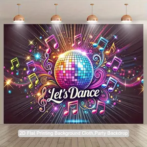 2D Flat, "Let'S Dance" Party Backdrop - Vibrant Disco Ball & Music Notes Design, Polyester Photography Background Cloth for Birthdays, Anniversaries, and Festive Events, Indoor/Outdoor Use, Festive Event Decor | Vibrant Disco Ball Design | Durable