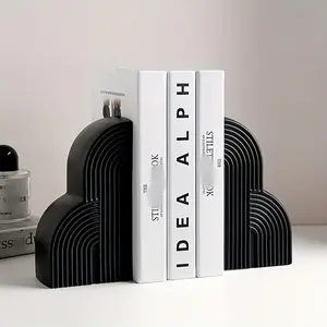 2 Pieces Modern Ceramic Arch Bookends - Matte Striped Black and White Decorative Bookshelf Organizer, for Home Office Desk Use, Unique Housewarming New Year Gift, Simple Style Durable Material, Bookshelf Decorations, Desk Accessories
