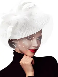 Elegant Women's Polka Dot Net Veil Feather Church Hat, Fashion Hats, Perfect for Formal Occasions, Stylish and Chic Accessory for Special Events