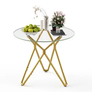 35.4-inch Round Tempered Glass Dining Table with Sturdy Metal Legs Gold Finish for 1-4 People Space-Saving Small Kitchen Dining Room Living Room Table