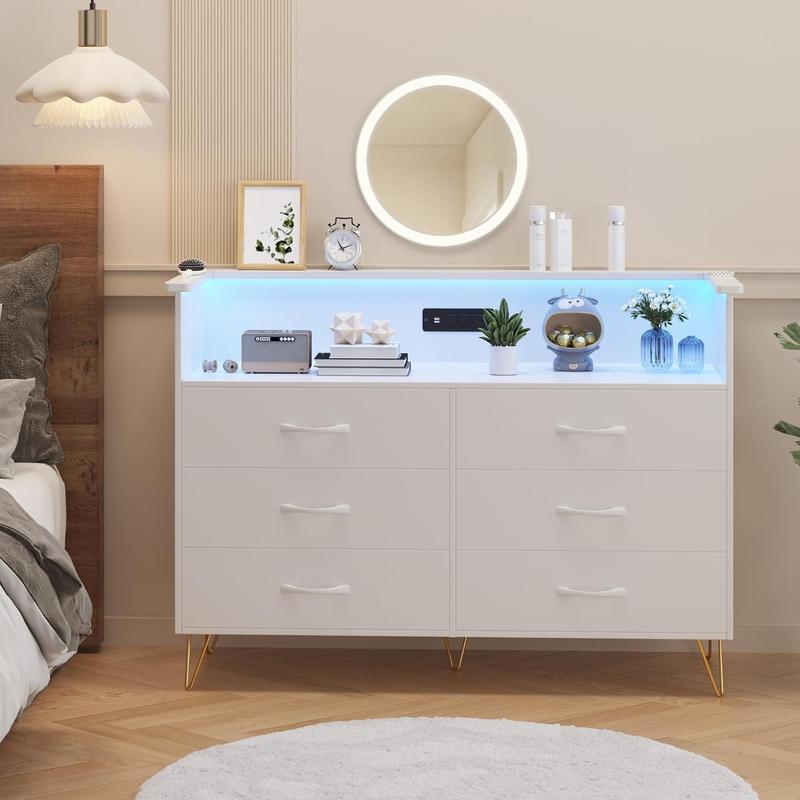 GARVEE Dresser with LED Light for Bedroom 6 Drawer, Wooden Dressers with Charging Station, Large Double Dresser with Wide Drawers, Modern Chests of Drawers for Living Room, Hallway, TV Stand