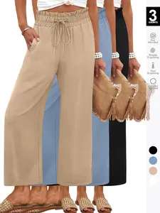 2026 Spring Summer Women's Wide-Leg Cropped Lounge Pants - Multi-Color Options, Ruffled High Waist with Adjustable Drawstring, Textured & Drapey Fabric, Side Pockets, Versatile for Office & Vacation