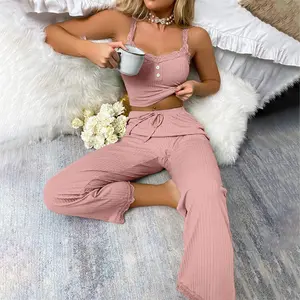 Women's 2-Piece Lady Basic Minimalist Solid Polyester Casual Loungewear Set - Sleeveless Cropped Lace-Strap Top with Button, Ribbed Drawstring Waist Spun Elastic Fit Pants, Breathable Summer Lightweight Pajama Set for Outdoor Wear