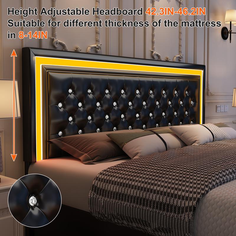 GEGOFORU Queen LED Storage Bed Frame with RGB Headboard, Music Sync & APP Control, 4 Drawers, PU Upholstered, Noise-Free, No Box Spring Needed, White