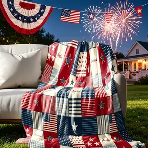 4th of July Patriotic Patchwork 60''*80'' Throw Blanket, Soft Fuzzy American Flag Plush Blanket, Independence Day Cozy Home Decor, Patriotic Gift for Veterans & Family