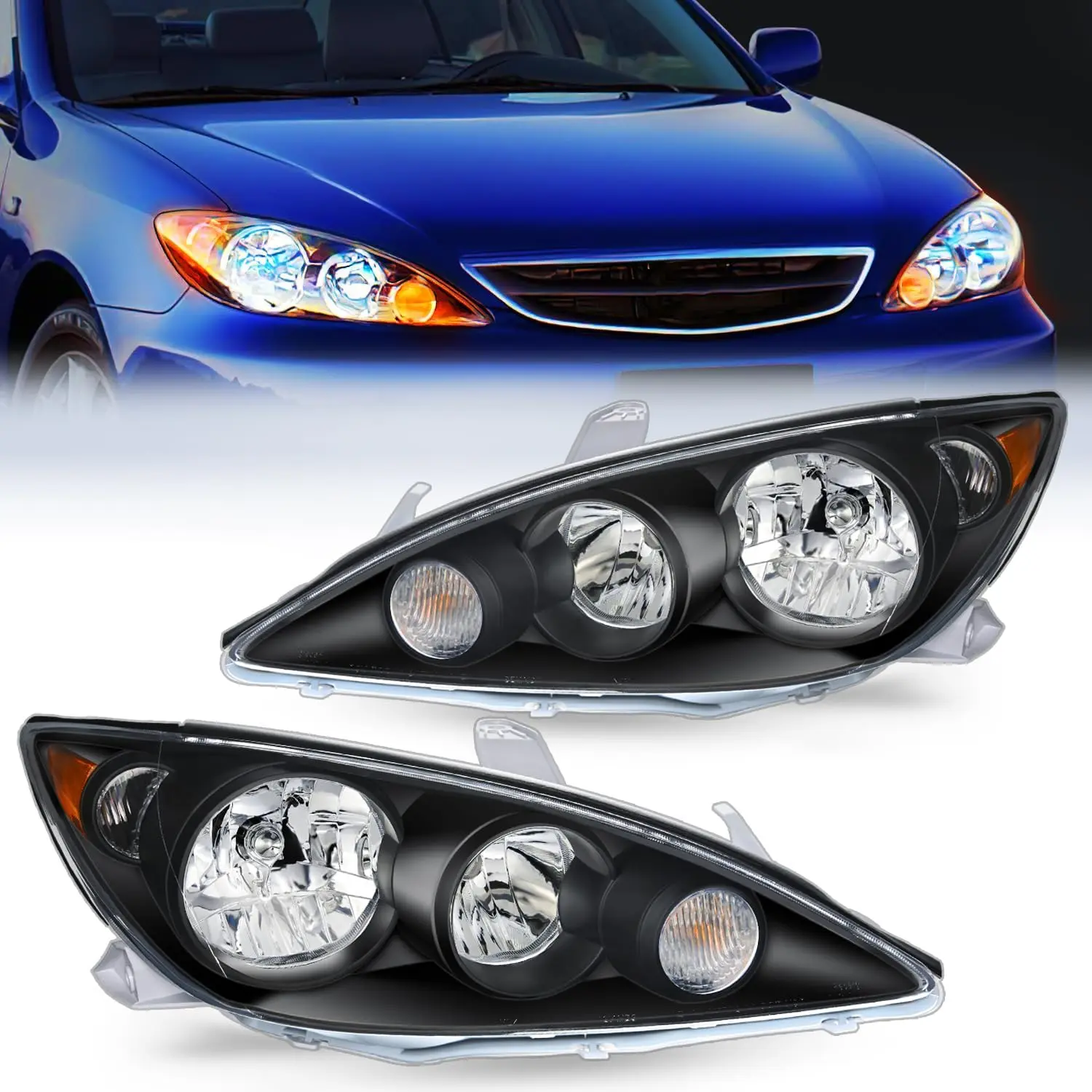 Nilight Headlight Assembly Compatible with 2005 2006 Toyota Camry LE XLE SE Headlamps Replacement Black Housing Amber Reflector Upgraded Clear Lens Driver and Passenger Side, Ip65 Rated, Pair Set