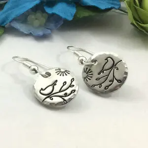 Bird On Branch Earrings, dangle, hand-stamped, bird lover, nature, gift, birthday, Mom