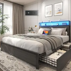 Bed Frame With Headboard Charging Station Storage Drawer, Metal Support