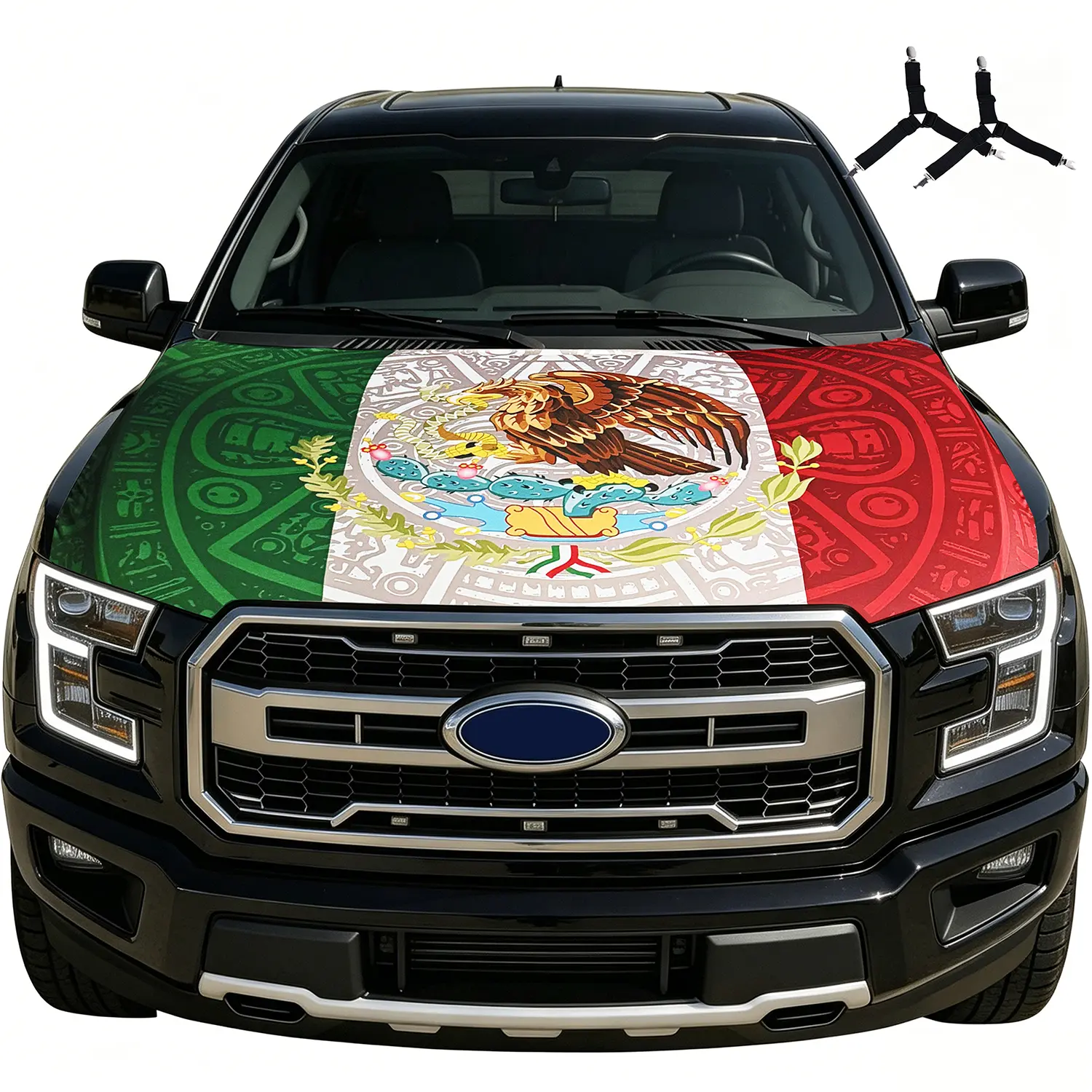 Mexican Flag Aztec Design Car Hood Cover - Universal Fit for Most Trucks SUVs, Car Accessories, Auto Accessories, Patriotic Decoration for Holidays & Celebrations, Cars Accessories