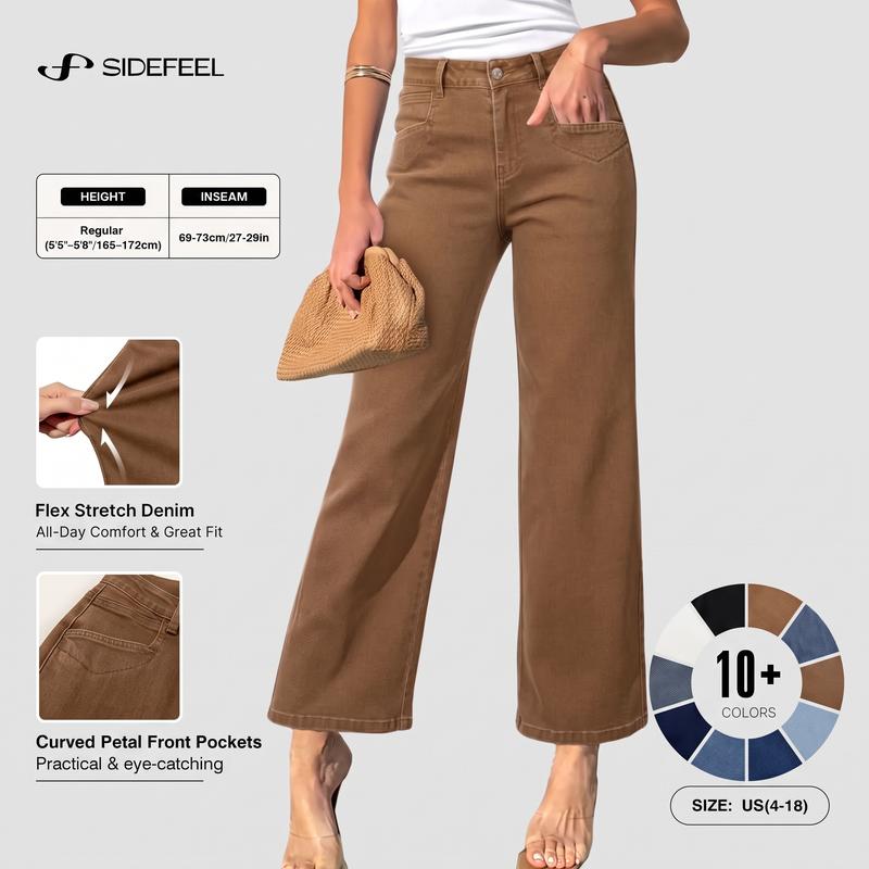 Sidefeel Women's Straight Leg Jeans High Waisted Petite Stretchy Jeans Zimbaplatinum Wide Leg Denim Pants with Pockets Fall Outfit