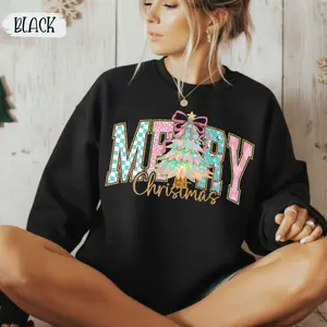 Merry Christmas Faux Glitter Sweatshirt Festive Crewneck Jumper Xmas Tree Holiday Pullover Retro Checkered Coquette Top Unisex Heavy Blend Crewneck Long Sleeve Medium Length Classic Fit