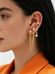 3-Piece Single Ear Earring Set, Gold & Silver Chain Hoop Stud Earrings, Crystal Flower Studs with Dangle Hoop, Cute Ear Stack Jewelry for Women fashionable jewelry accessory
