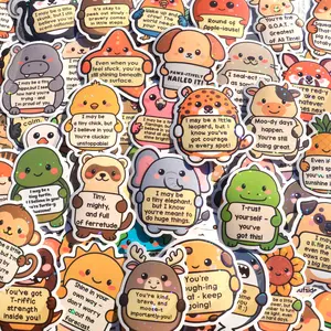 124PCS Holographic Affirmation Stickers featuring Cute Emotional Support Characters – Inspirational Vinyl Decals for Adults and Kids; Ideal for Water Bottles, Laptops, and Phones