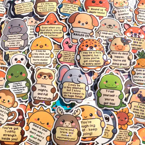 124PCS Holographic Affirmation Stickers featuring Cute Emotional Support Characters – Inspirational Vinyl Decals for Adults and Kids; Ideal for Water Bottles, Laptops, and Phones