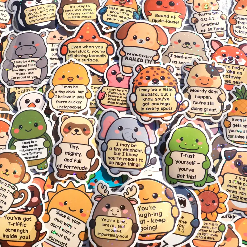 124PCS Holographic Affirmation Stickers featuring Cute Emotional Support Characters – Inspirational Vinyl Decals for Adults and Kids; Ideal for Water Bottles, Laptops, and Phones