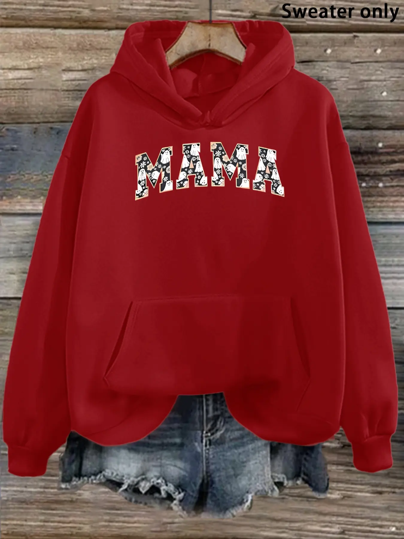 Cute Mommy Hoodie with Ghost Design, Casual Fitted Plain Kint Fabric, Perfect for Fall & Winter, Cozy and Stylish Maternity Wear