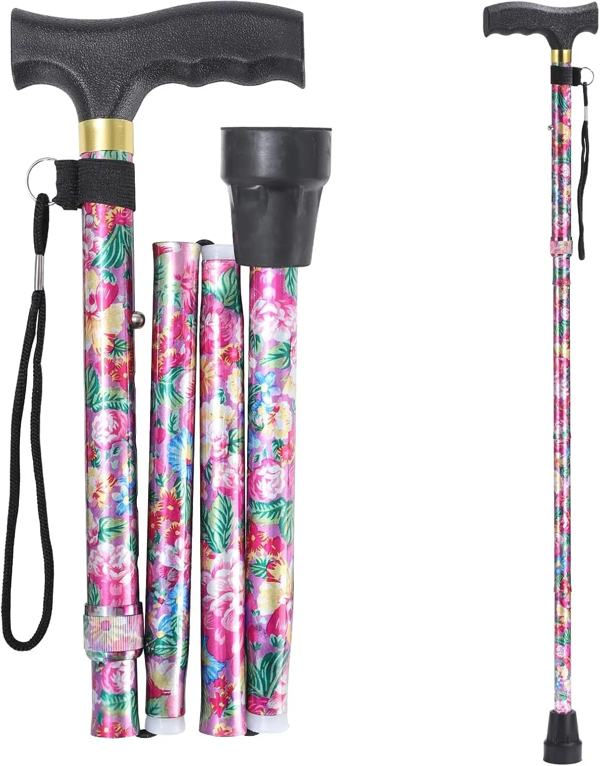 HALLOWEEN GIFT Folding Walking Cane for Men & Women – 5-Level Height Adjustable Walking Stick with Comfortable T-Handle, Lightweight Portable Mobility Aid, Collapsible Cane for Daily Living & Travel