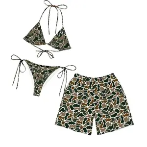 Matching Couple Swimwear Set, Green Brown Camouflage Bikini & Board Shorts, Perfect Gift for Him & Her, Couples Beachwear