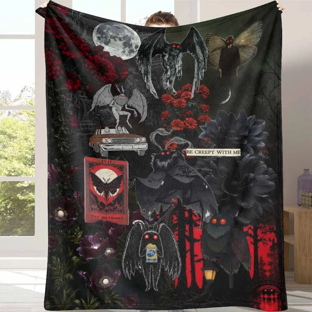 Mothman Flannel Fleece Blanket - Cryptid Prints, Flannel Fabric, Fleece Weave, Gothic Look - Super Soft Lightweight Cozy Throw for Haunted Home Decor, Outdoor Camping, Unique Holiday Gifting, Multi-Size