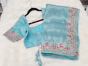 Aqua Blue Soft Tissue Silk Saree with Embroidered Border & Stitched Blouse